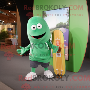 Mascot character of a Green Skateboard dressed with a Trousers and Tote bags