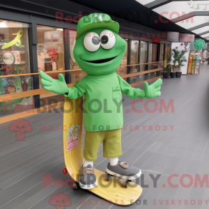 Mascot character of a Green Skateboard dressed with a Trousers and Tote bags