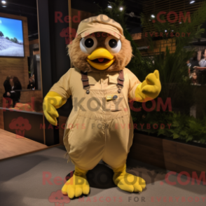 Mascot character of a Tan Canary dressed with a Dungarees and Mittens