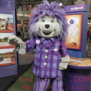 Mascot character of a Purple Shepard'S Pie dressed with a Button-Up Shirt and Earrings