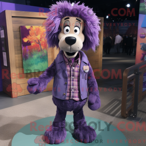 Mascot character of a Purple Shepard'S Pie dressed with a Button-Up Shirt and Earrings