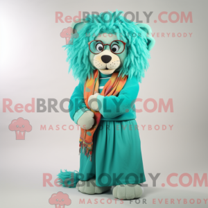 Mascot character of a Turquoise Lion dressed with a Maxi Dress and Eyeglasses