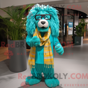 Mascot character of a Turquoise Lion dressed with a Maxi Dress and Eyeglasses