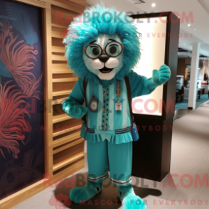 Mascot character of a Turquoise Lion dressed with a Maxi Dress and Eyeglasses