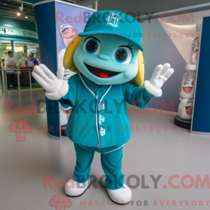 Mascot character of a Cyan Plum dressed with a Baseball Tee and Keychains