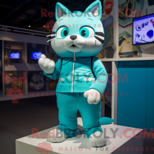 Mascot character of a Cyan Cat dressed with a Tank Top and Lapel pins