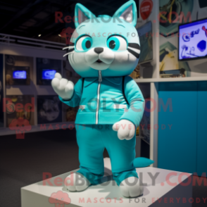 Mascot character of a Cyan Cat dressed with a Tank Top and Lapel pins