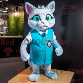 Mascot character of a Cyan Cat dressed with a Tank Top and Lapel pins
