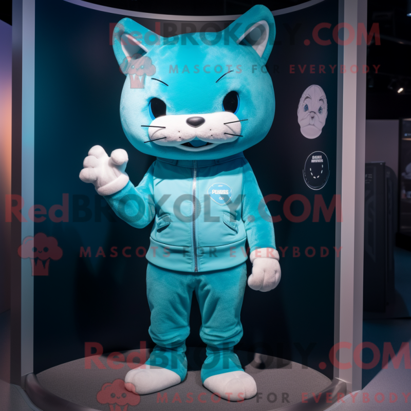 Mascot character of a Cyan Cat dressed with a Tank Top and Lapel pins