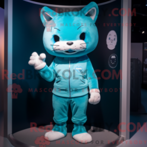 Mascot character of a Cyan Cat dressed with a Tank Top and Lapel pins