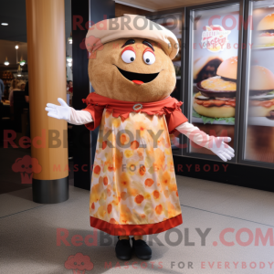 Mascot character of a Burgers dressed with a Wrap Dress and Shoe laces