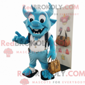Mascot character of a Cyan Devil dressed with a Cargo Shorts and Coin purses
