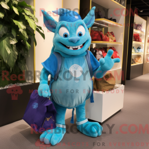 Mascot character of a Cyan Devil dressed with a Cargo Shorts and Coin purses