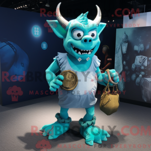 Mascot character of a Cyan Devil dressed with a Cargo Shorts and Coin purses