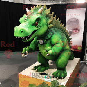 Mascot character of a Green Triceratops dressed with a Poplin Shirt and Rings