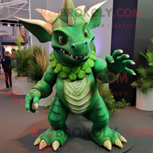 Mascot character of a Green Triceratops dressed with a Poplin Shirt and Rings