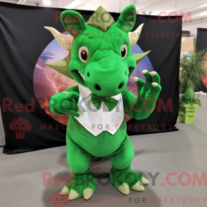 Mascot character of a Green Triceratops dressed with a Poplin Shirt and Rings