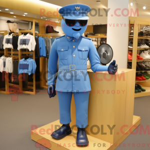 Mascot character of a Sky Blue Navy Soldier dressed with a Graphic Tee and Shoe clips