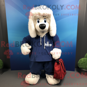 Mascot character of a Navy Shepard'S Pie dressed with a Hoodie and Tote bags