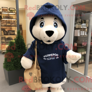 Mascot character of a Navy Shepard'S Pie dressed with a Hoodie and Tote bags