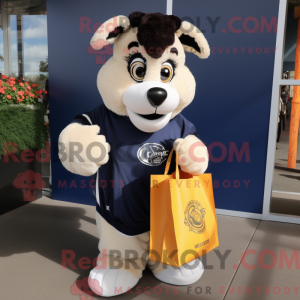 Mascot character of a Navy Shepard'S Pie dressed with a Hoodie and Tote bags