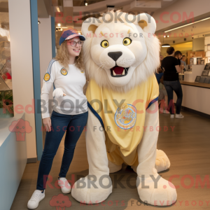 Mascot character of a Cream Tamer Lion dressed with a Mom Jeans and Cufflinks