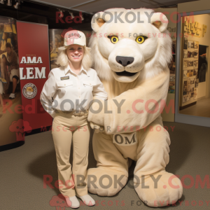 Mascot character of a Cream Tamer Lion dressed with a Mom Jeans and Cufflinks