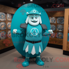 Mascot character of a Turquoise Celtic Shield dressed with a Henley Tee and Caps