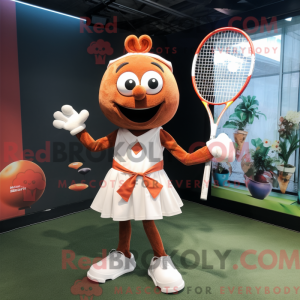 Mascot character of a Rust Tennis Racket dressed with a Playsuit and Bow ties