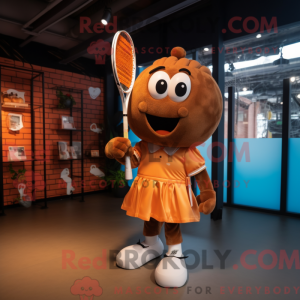 Mascot character of a Rust Tennis Racket dressed with a Playsuit and Bow ties