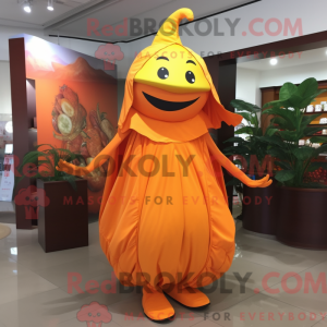 Mascot character of a Orange Orange dressed with a Sheath Dress and Wraps
