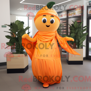 Mascot character of a Orange Orange dressed with a Sheath Dress and Wraps