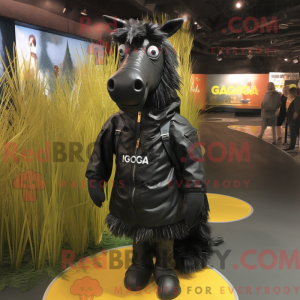 Mascot character of a Black Quagga dressed with a Raincoat and Backpacks