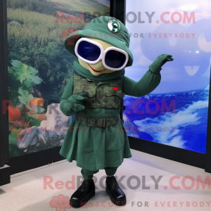 Mascot character of a Blue Green Beret dressed with a Midi Dress and Eyeglasses