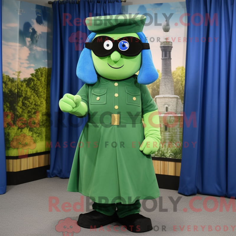 Mascot character of a Blue Green Beret dressed with a Midi Dress and Eyeglasses