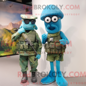 Mascot character of a Blue Green Beret dressed with a Midi Dress and Eyeglasses