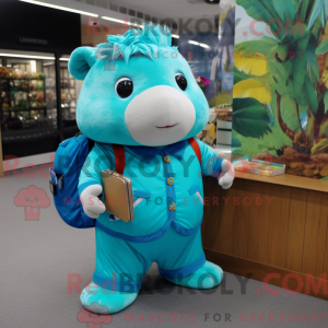 Mascot character of a Turquoise Guinea Pig dressed with a Jumpsuit and Wallets