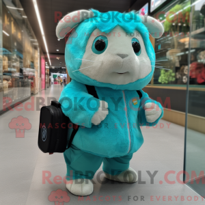 Mascot character of a Turquoise Guinea Pig dressed with a Jumpsuit and Wallets