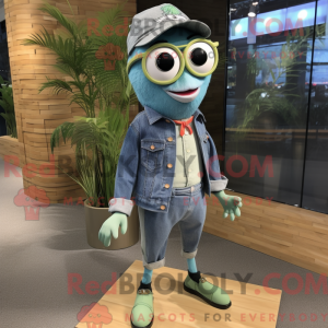 Mascot character of a Olive Salmon dressed with a Denim Shirt and Eyeglasses