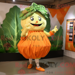 Mascot character of a Orange Cabbage dressed with a Mini Skirt and Mittens