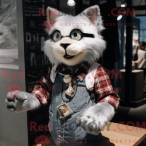 Mascot character of a Silver Cat dressed with a Flannel Shirt and Earrings