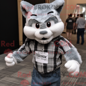 Mascot character of a Silver Cat dressed with a Flannel Shirt and Earrings