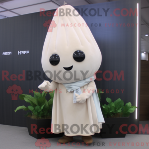 Mascot character of a Beige Radish dressed with a Sheath Dress and Shawls