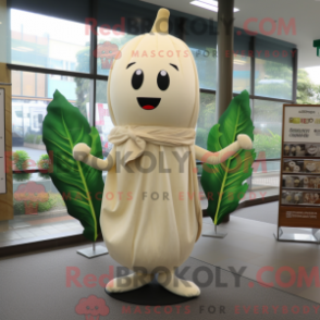 Mascot character of a Beige Radish dressed with a Sheath Dress and Shawls