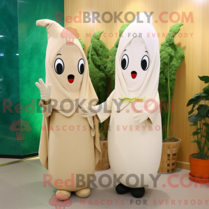 Mascot character of a Beige Radish dressed with a Sheath Dress and Shawls