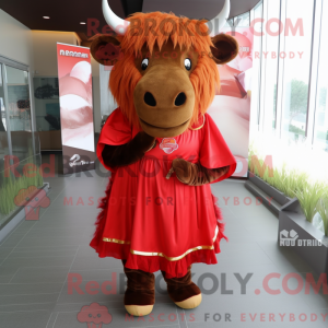 Mascot character of a Red Buffalo dressed with a A-Line Dress and Hair clips