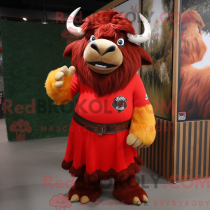 Mascot character of a Red Buffalo dressed with a A-Line Dress and Hair clips