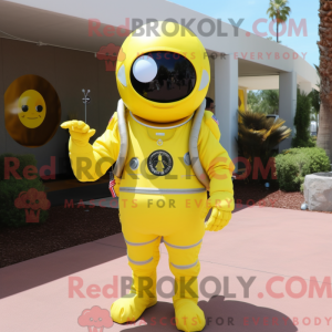 Mascot character of a Lemon Yellow Astronaut dressed with a Suit Jacket and Tie pins