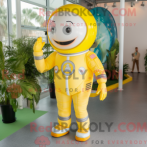Mascot character of a Lemon Yellow Astronaut dressed with a Suit Jacket and Tie pins