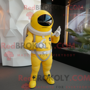Mascot character of a Lemon Yellow Astronaut dressed with a Suit Jacket and Tie pins